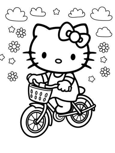 Hello Kitty Riding Bicycle - Free Printable Coloring Page for Kids