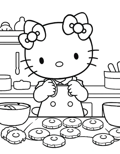 Hello Kitty baking cookies - Free Printable Coloring Page for Kids