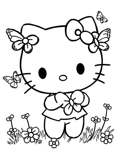 Hello Kitty catching butterflies - Free Printable Coloring Page for Kids