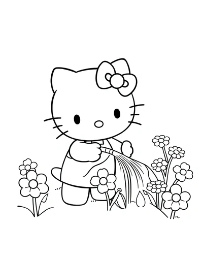 Hello Kitty watering flowers coloring page