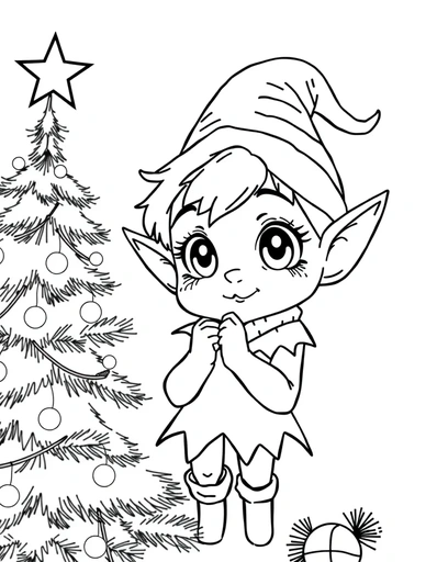 Christmas Elf with Tree coloring page