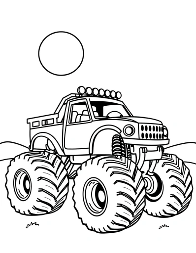Monster Truck next to sun - Free Printable Coloring Page for Kids