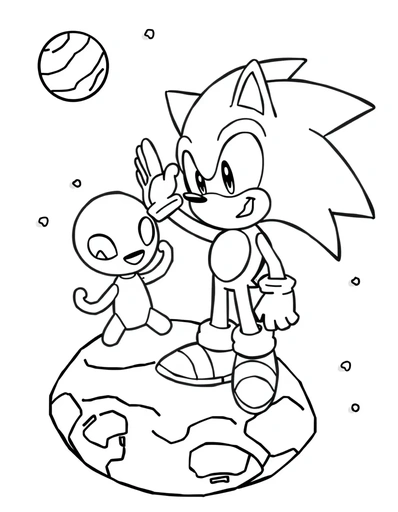 Sonic in Space with Alien Friend coloring page