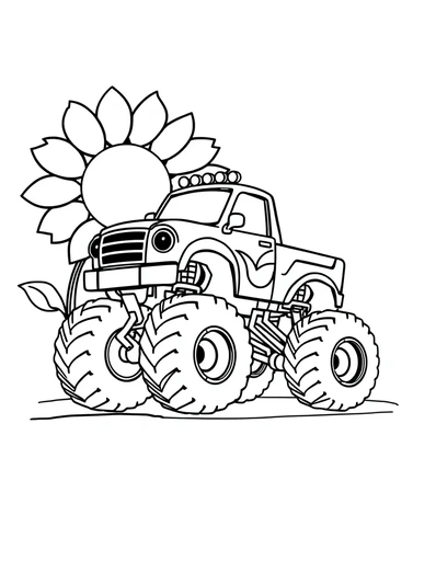Monster Truck parked next to sunflower - Free Printable Coloring Page for Kids